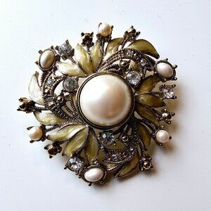 Vintage Monet Pearl Rhinestone Enamel Tan Feather Brooch